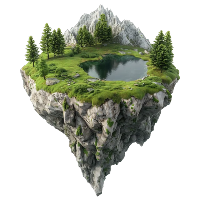 Floating nature island with trees, mountains, and a lake